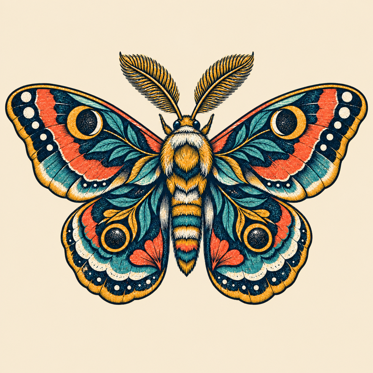 Original moth print-on-demand artwork on an opaque warm background before background removal