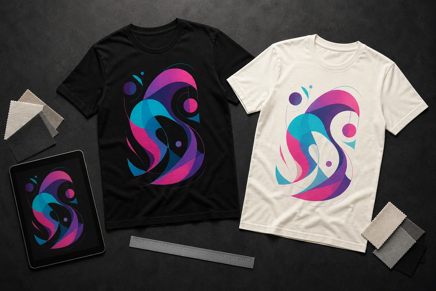 Two original abstract T-shirt designs on black and off-white garments beside a tablet, fabric swatches and a ruler