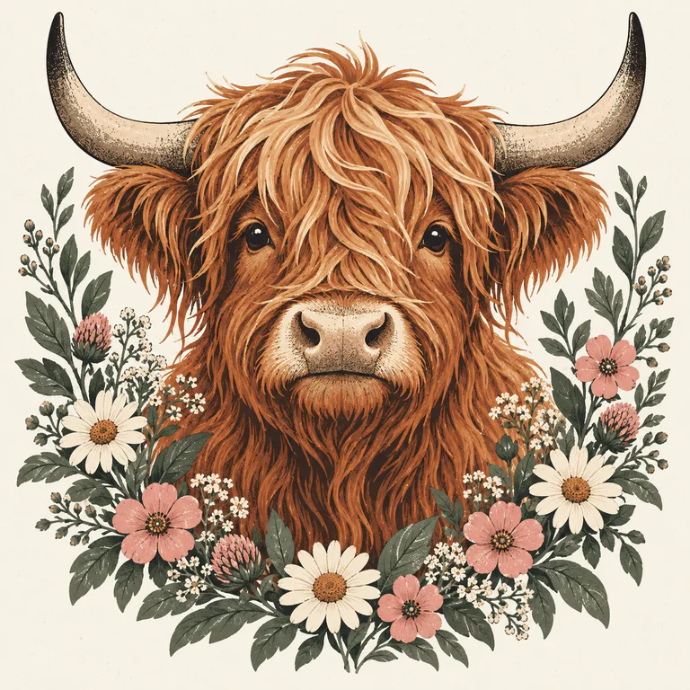 Generated Highland cow and wildflowers POD design