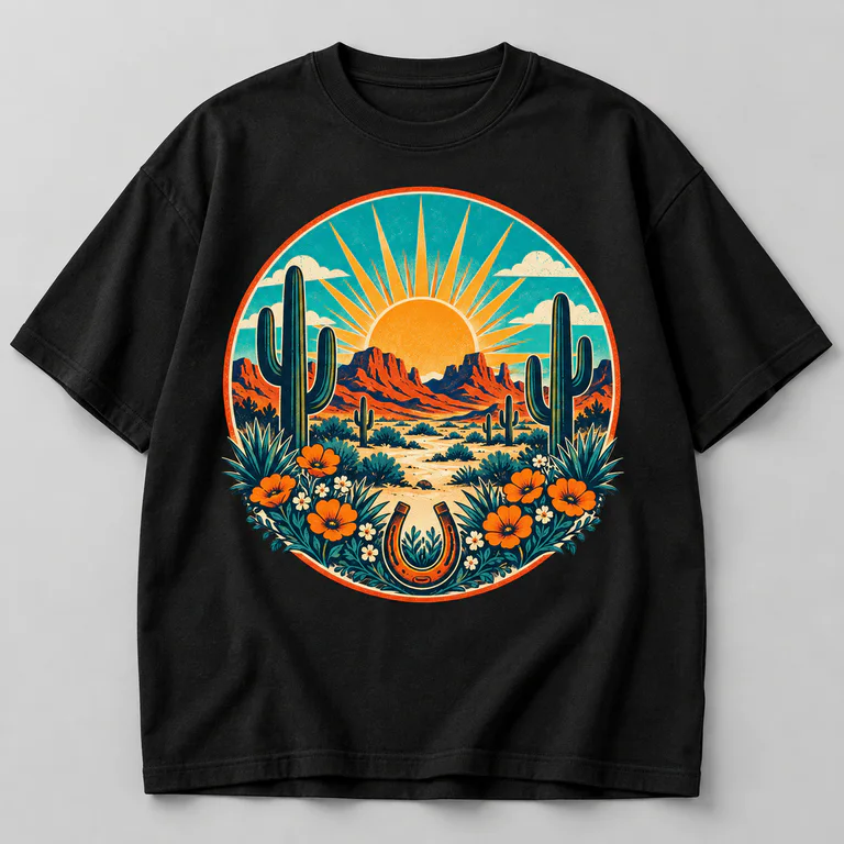 Western desert artwork printed on a black T-shirt mockup